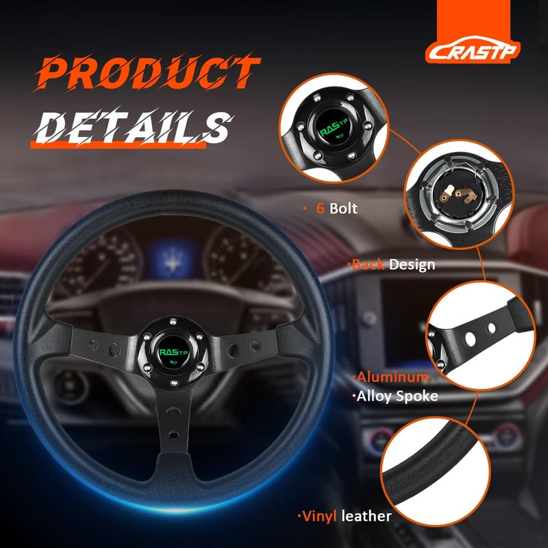 RASTP Universal Racing Steering Wheel,Drifting Deep Dish Steering Wheel 13.8â€/350mm 6 Bolts Grip Vinyl Leather & Aluminum with Horn Button for Car -Black - Image 2